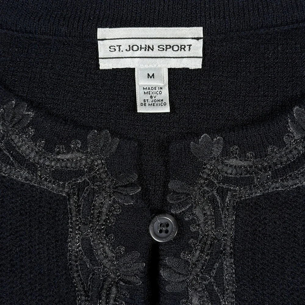 St John Sport Sweater Womens Medium Black Floral Henley Wool Pullover Tunic